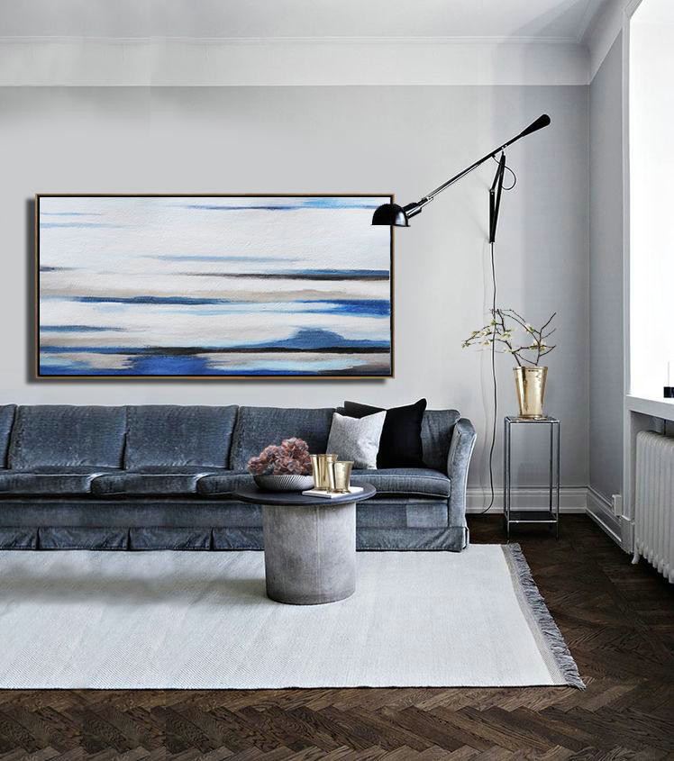 Extra Large Canvas Art,Hand Painted Panoramic Abstract Painting,Modern Paintings,White,Grey,Blue,Black.etc